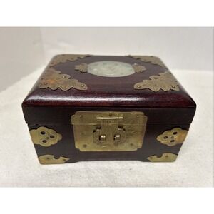 Vintage Jewelry Box Asian Oriental Chinese Ornate Brass Wood Jade Like Carving